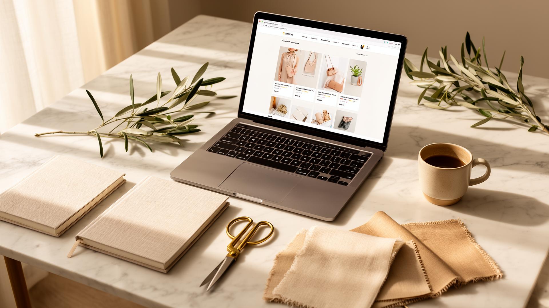 A sunlit marble workspace with a laptop displaying a boutique ecommerce storefront
